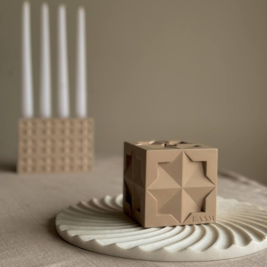 Islamic Geometric Base/Candle Holder - Cube/Beige
