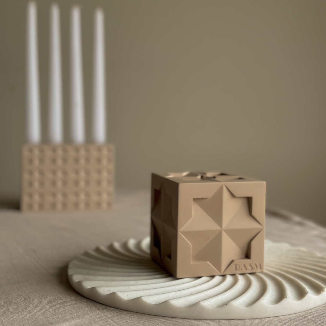 Islamic Geometric Base/Candle Holder - Cube/Beige